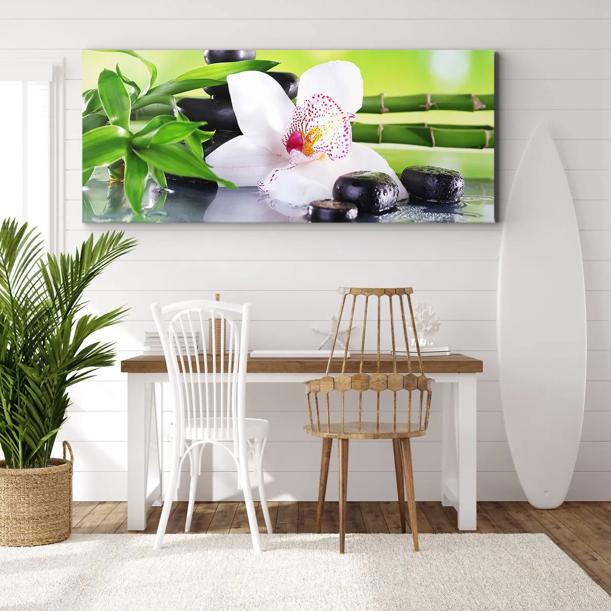Obraz na płótnie - Orchidea, kamienie i bambus w harmonijnej kompozycji spa - 120x50cm - Chłodna świeżość - Nowoczesna dekoracja ścienna do salonu i sypialni ARTTOR