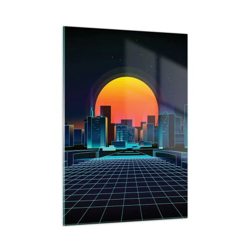 Obraz na szkle - Futurystyczna panorama miasta z zachodem słońca - 50x70cm - Wciąż chcesz do realu? - Nowoczesna dekoracja ścienna do salonu, kuchni i sypialni ARTTOR