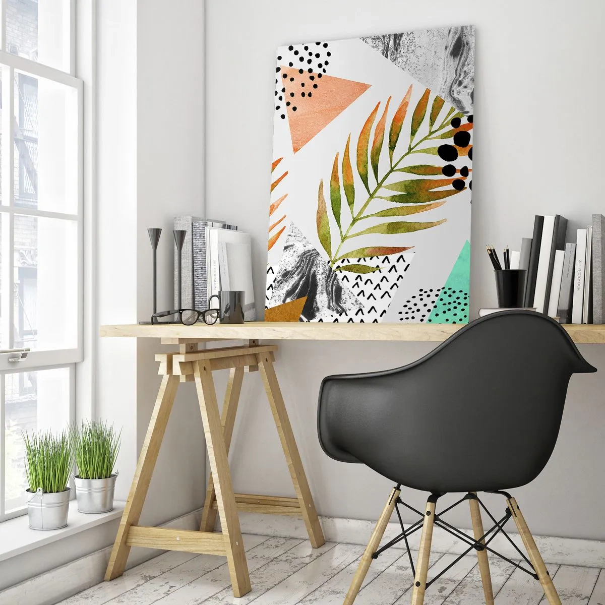 Obraz na szkle - Geometryczne kształty i liście w pastelowych kolorach - 50x70cm - Dekoracja z palmowym liściem - Nowoczesna dekoracja ścienna do salonu, kuchni i sypialni ARTTOR
