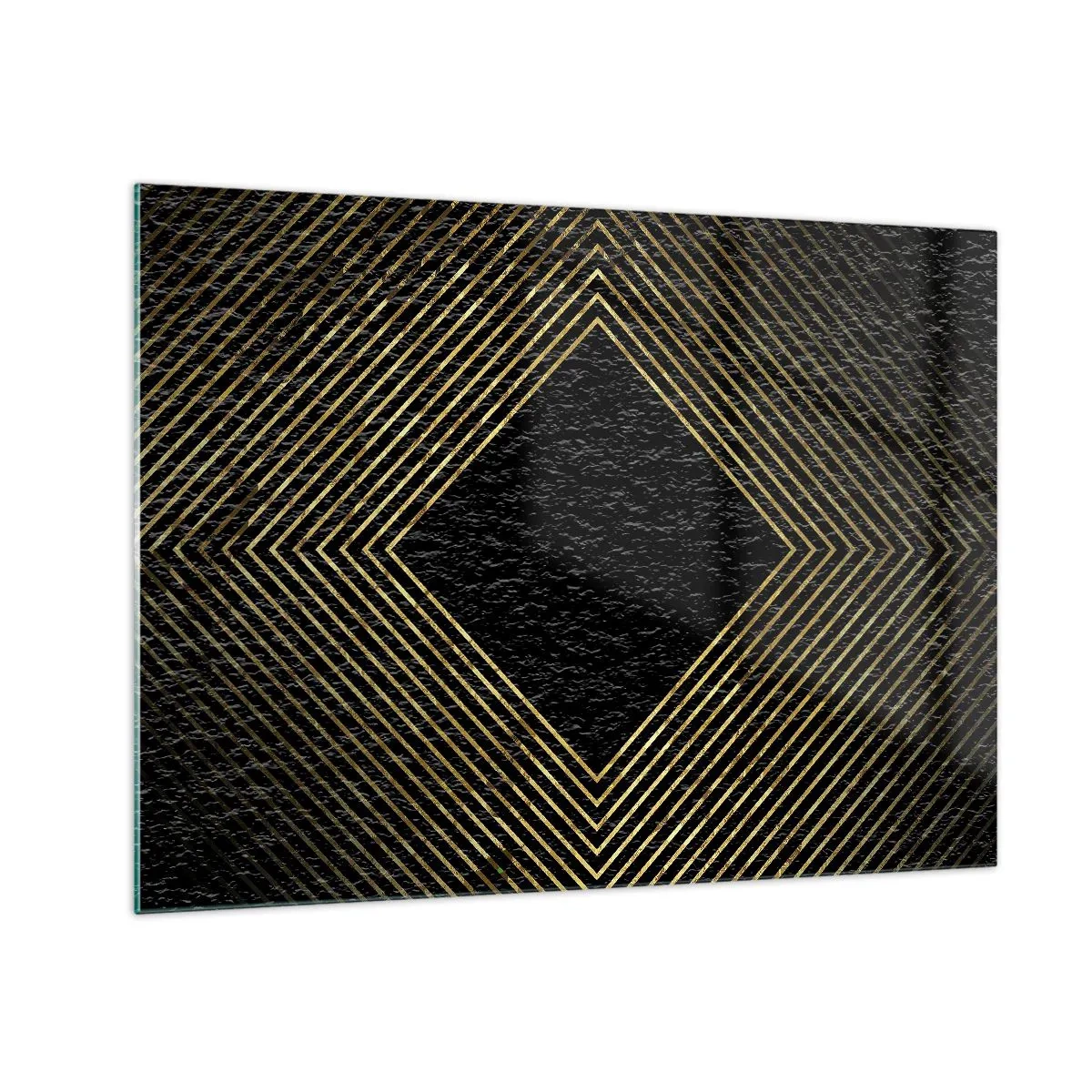 Obraz na szkle - Złoty diament z geometrycznymi liniami na czarnym tle - 70x50cm - Geometria w stylu glamour - Nowoczesna dekoracja ścienna do salonu i sypialni ARTTOR