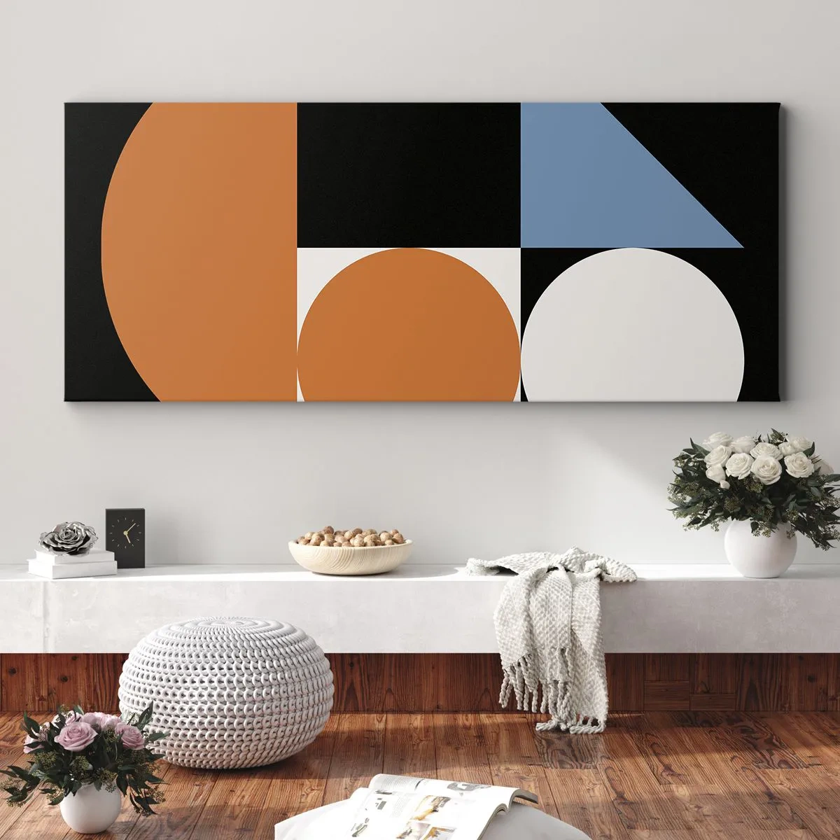 Obraz na płótnie - Geometryczny wzór z kolorowymi kształtami na czarnym tle - 140x50cm - Układ figurowy - Nowoczesna dekoracja ścienna do salonu i sypialni ARTTOR