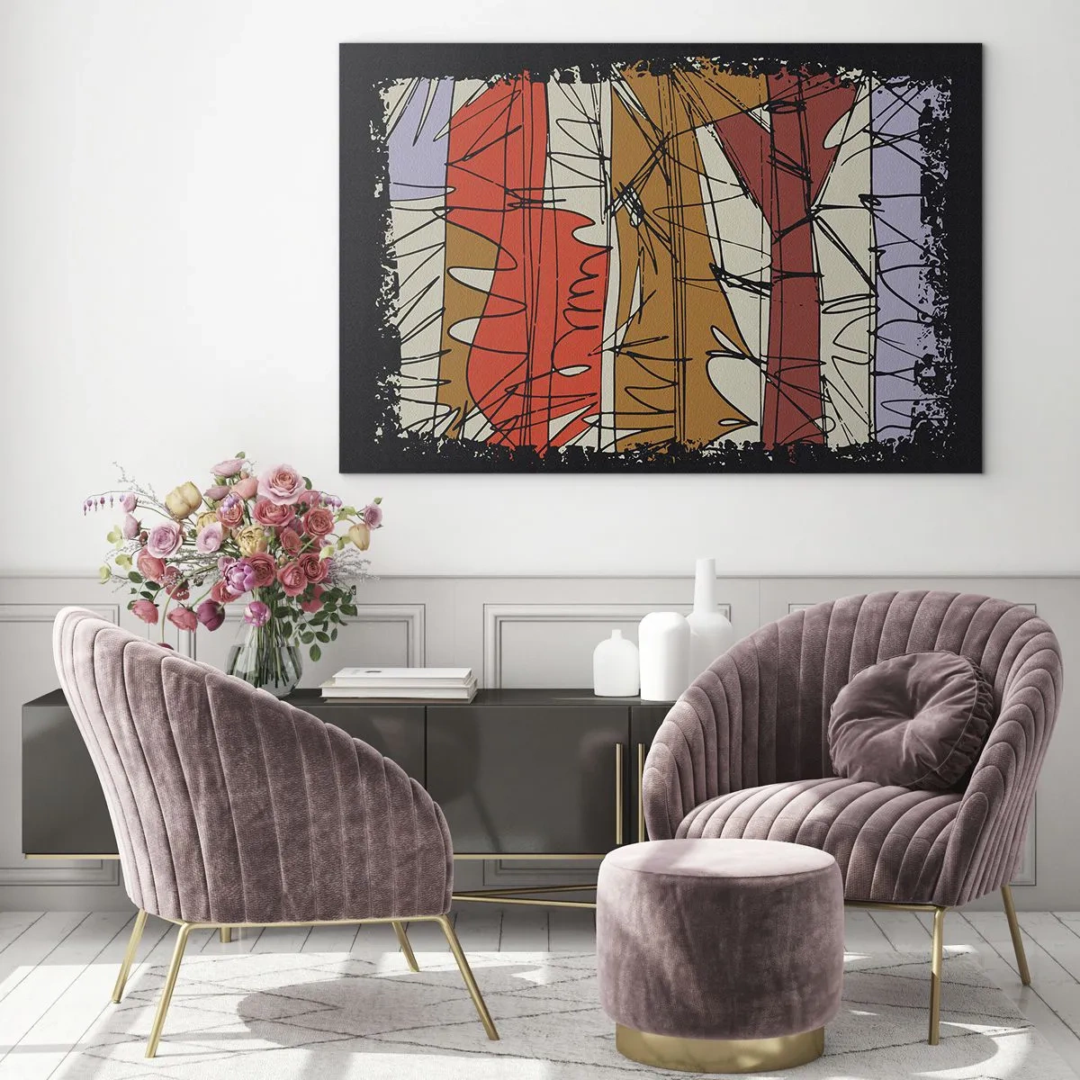Obraz na szkle - Graficzna abstrakcja z kolorowymi pasami i czarnymi liniami - 70x50cm - Kompozycja spontaniczna - Nowoczesna dekoracja ścienna do salonu i sypialni ARTTOR