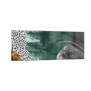 Obraz na szkle - Abstrakcyjna kompozycja z zielonymi kształtami i wzorami kropek - 140x50cm - Barwna abstrakcja z płatkiem złota - Nowoczesna dekoracja ścienna do salonu i sypialni ARTTOR