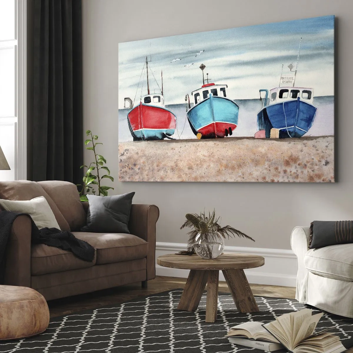 Obraz na płótnie - Kolorowe łodzie rybackie na brzegu w morskiej scenerii - 70x50cm - Gotowe na połów - Nowoczesna dekoracja ścienna do salonu i sypialni ARTTOR
