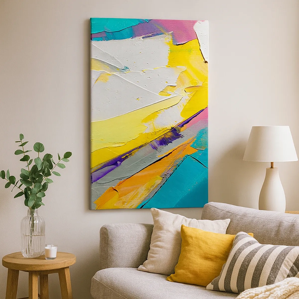 Obraz na płótnie - Abstrakcyjna kompozycja kolorowych plam w odcieniach żółci, turkusu i fioletu - 50x70cm - Anatomia światła - Nowoczesna dekoracja ścienna do salonu, kuchni i sypialni ARTTOR