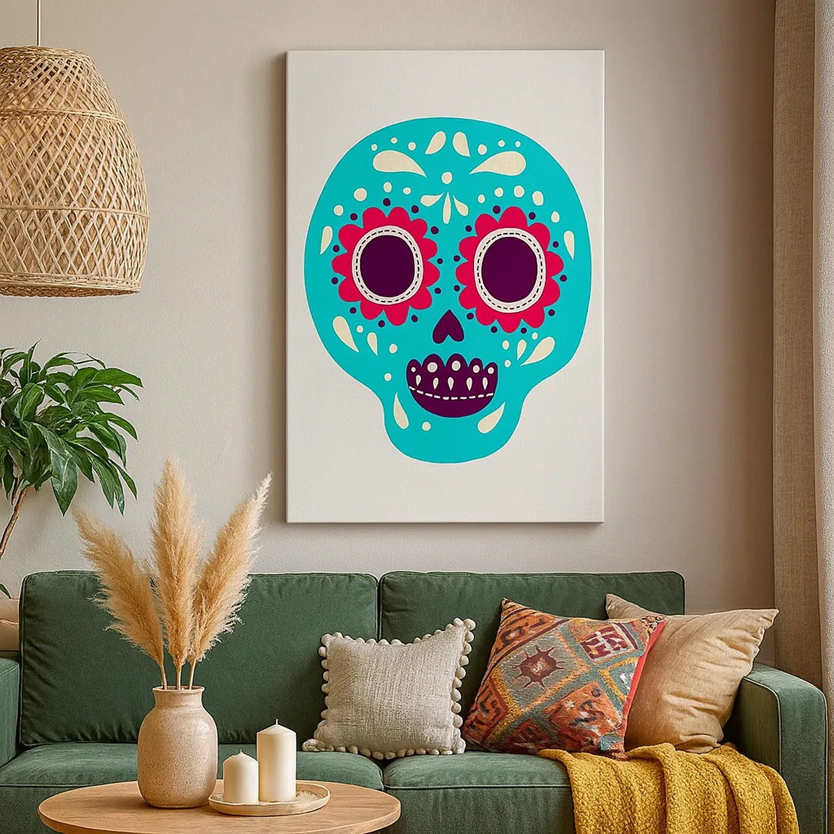 Obraz na płótnie - Kolorowa grafika przedstawiająca meksykańską czaszkę w stylu Día de los Muertos - 50x70cm - Życie – zabawa aż do śmierci - Nowoczesna dekoracja ścienna do salonu, kuchni i sypialni ARTTOR