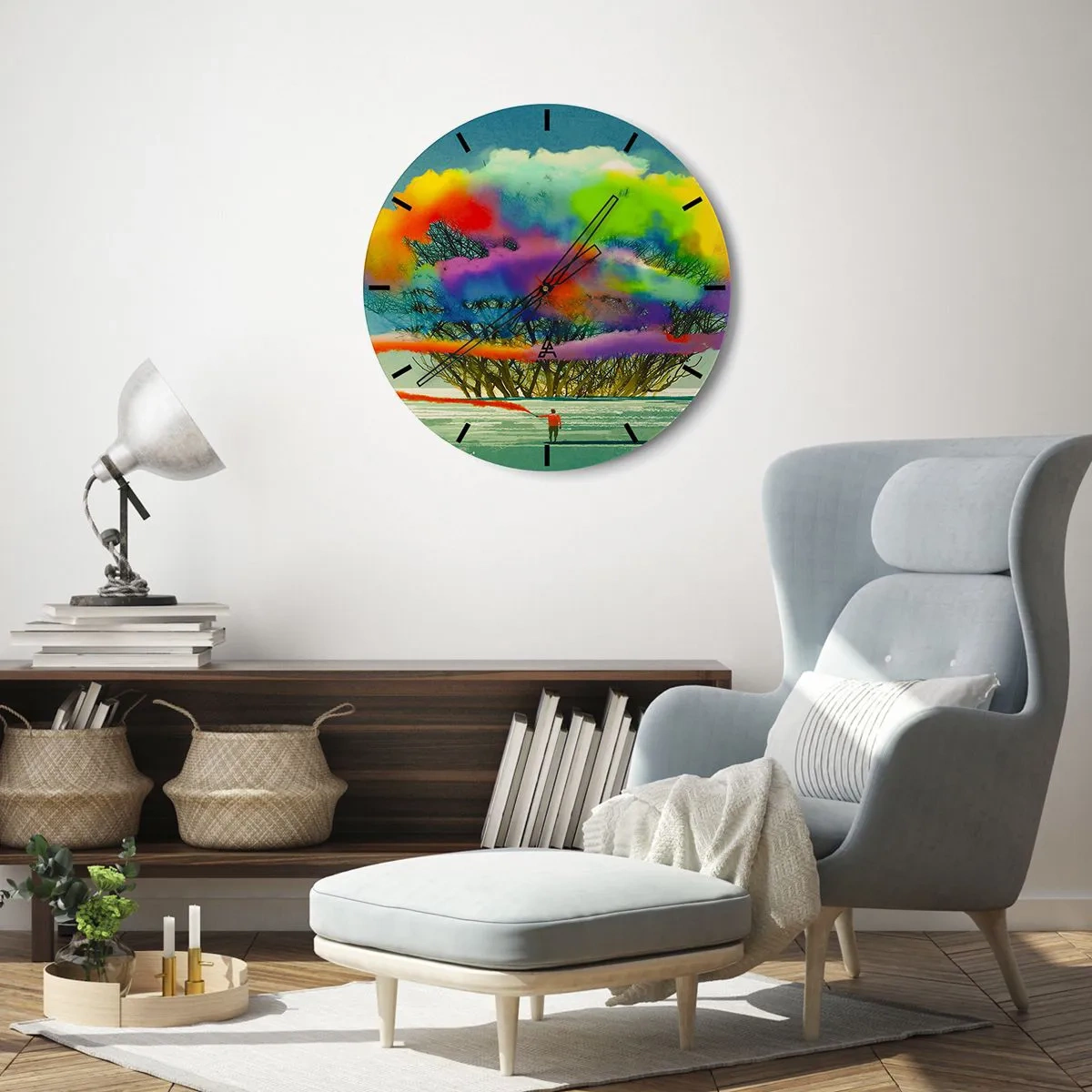 Zegar ścienny - Postać na tle kolorowych chmur i zarysów drzew - 30x30cm - Ożywić ten świat - Nowoczesna dekoracja ścienna do salonu, kuchni i sypialni ARTTOR