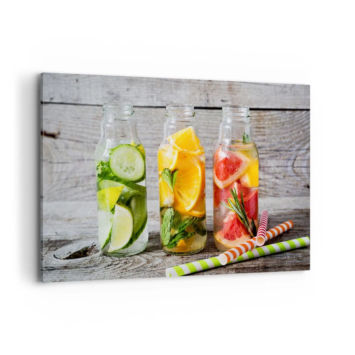 Obraz na płótnie - Butelki z owocową wodą i ziołami na drewnianym tle - 120x80cm - Zdrowe z natury - Nowoczesna dekoracja ścienna do salonu, kuchni i sypialni ARTTOR