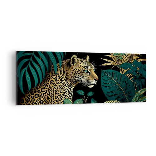 Obraz na płótnie - Leopard w tropikalnych liściach na czarnym tle - 140x50cm - Gospodarz w dżungli - Nowoczesna dekoracja ścienna do salonu i sypialni ARTTOR