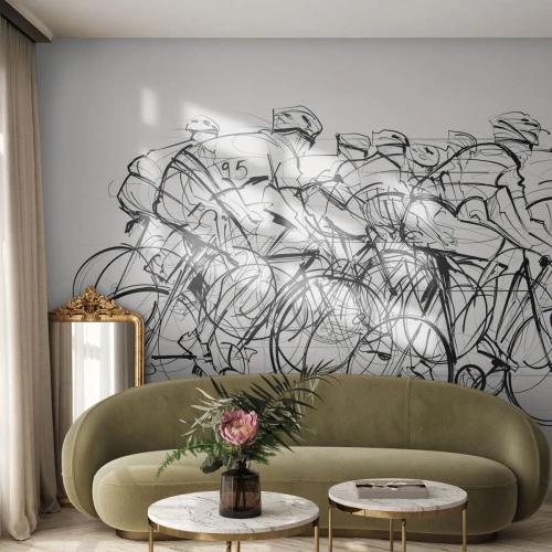 Fototapeta Premium Sand - Szkic rowerzystów w wyścigu na jasnym tle - 100x70cm - Wespół w zespół - Nowoczesna dekoracja ścienna do salonu, kuchni i sypialni ARTTOR