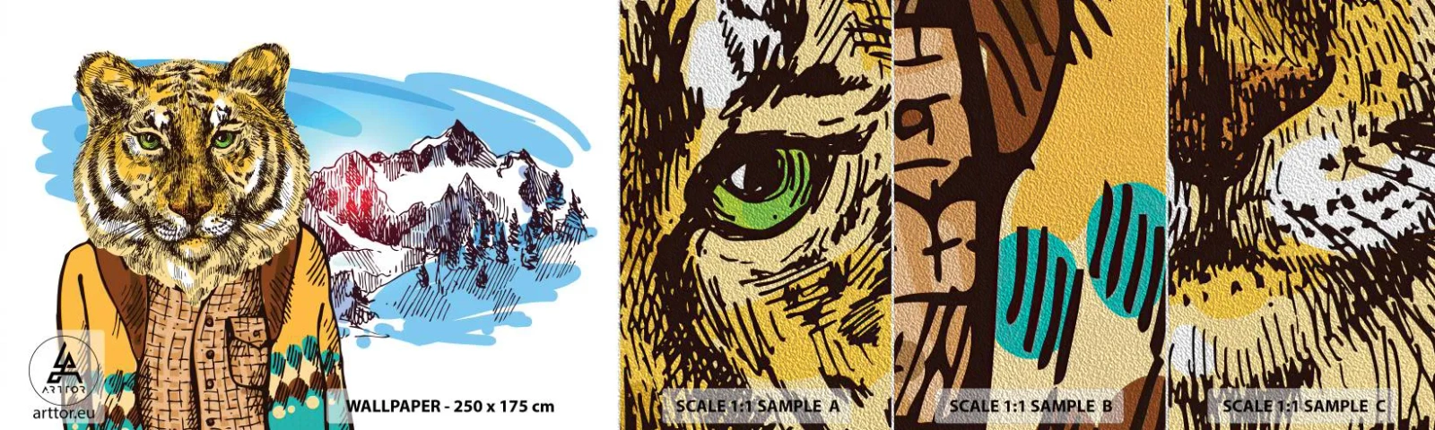 Fototapeta Próbka Premium Sand - Nie taki dziki jak go rysują - Abstrakcja, Tygrys, Góry - 100x30 cm
