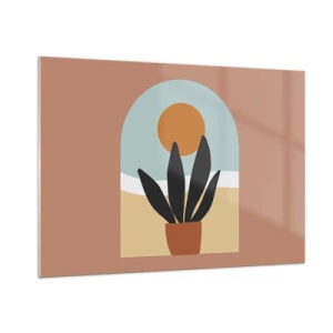 Obraz na szkle - Abstrakcyjna scena z rośliną w doniczce i słońcem w tle, w pastelowych kolorach - 100x70cm - Drobne radości - Nowoczesna dekoracja ścienna do salonu, kuchni i sypialni ARTTOR