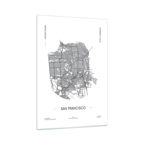 Obraz na szkle - Mapa San Francisco w czarno-białym stylu minimalistycznym - 70x100cm - Anatomia San Francisco - Nowoczesna dekoracja ścienna do salonu i sypialni ARTTOR