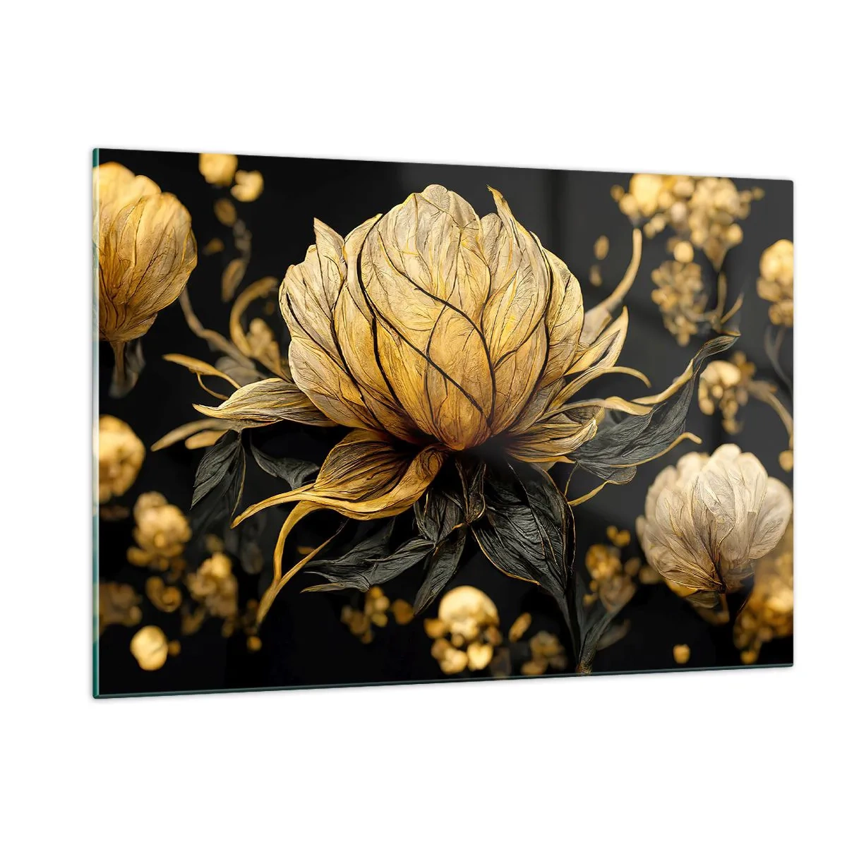 Obraz na szkle - Złote kwiaty na czarnym tle w eleganckiej kompozycji - 120x80cm - Subtelna kruchość - Nowoczesna dekoracja ścienna do salonu, kuchni i sypialni ARTTOR