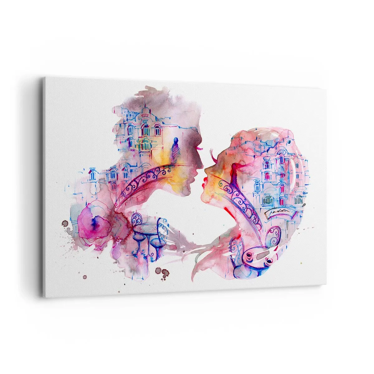 Obraz na płótnie - Romantyczna akwarela przedstawiająca sylwetki zakochanych - 120x80cm - Tajemny most westchnień - Nowoczesna dekoracja ścienna do salonu, kuchni i sypialni ARTTOR