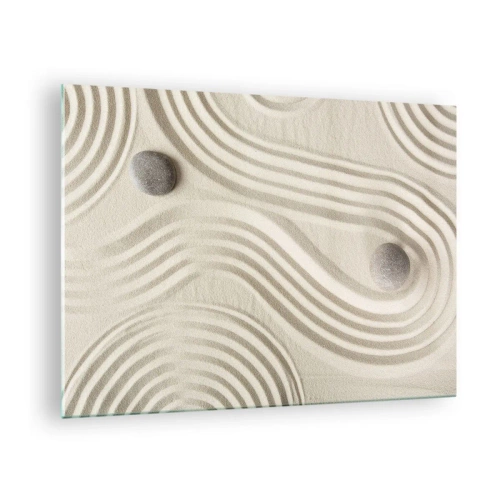 Obraz na szkle - Minimalistyczny piasek z kamieniami i geometrycznymi wzorami - 70x50cm - Dotyk ciepła - Nowoczesna dekoracja ścienna do salonu i sypialni ARTTOR