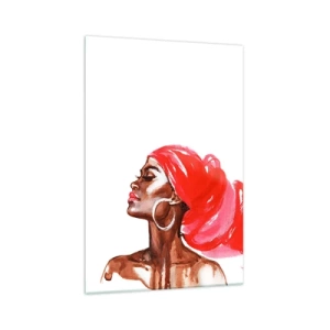 Obraz na szkle - Profil kobiety z czerwonym turbanem i kolczykami - 70x100cm - "Jest wiatr, co nozdrza mężczyzny rozchyla" - Nowoczesna dekoracja ścienna do salonu i sypialni ARTTOR