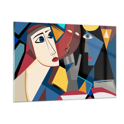 Obraz na szkle - Kubistyczne twarze w intensywnych kolorach - 120x80cm - Rozmowa kubistów - Nowoczesna dekoracja ścienna do salonu, kuchni i sypialni ARTTOR