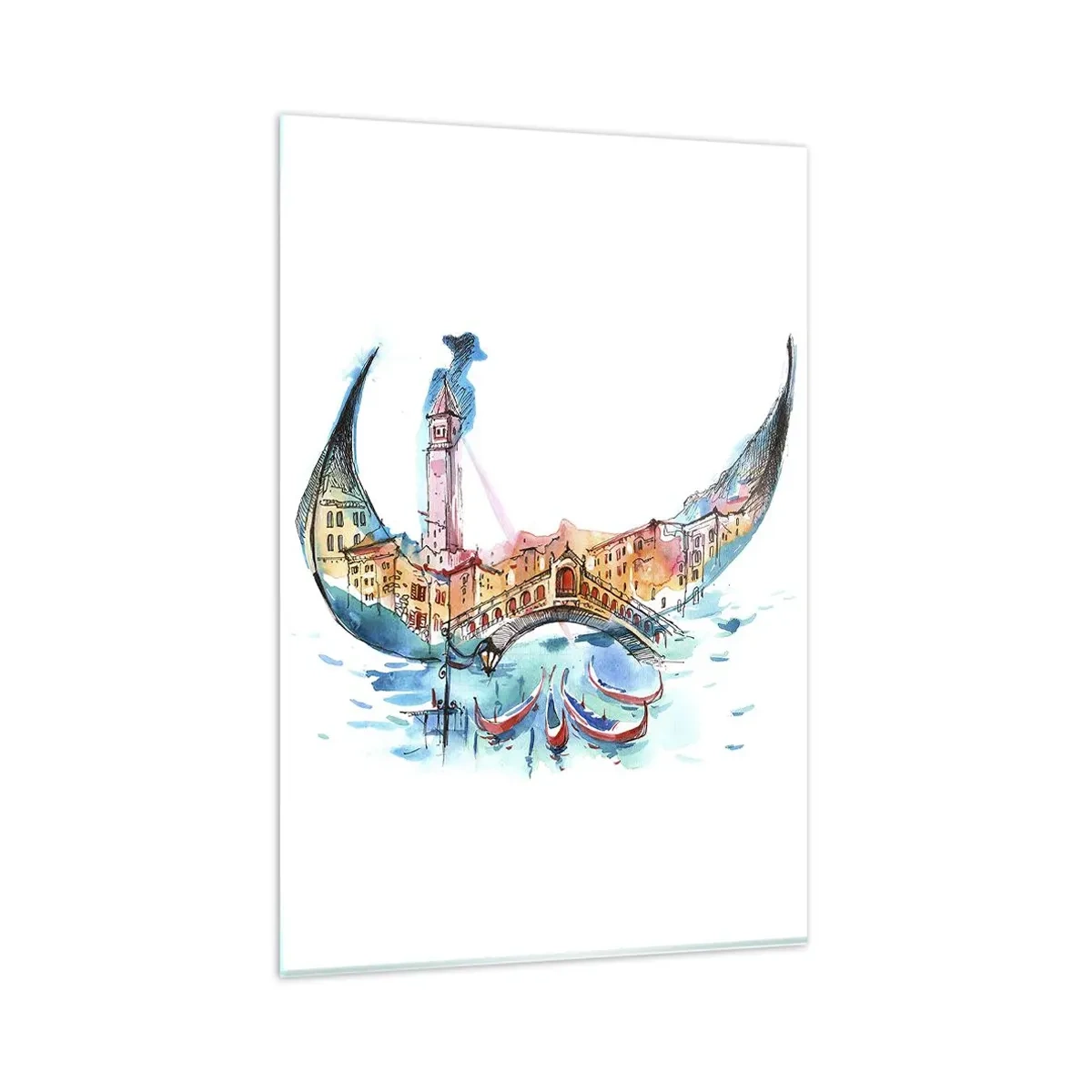 Obraz na szkle - Akwarelowa kompozycja Wenecji w kształcie gondoli - 80x120cm - Płyniemy przez miasto - Nowoczesna dekoracja ścienna do salonu i sypialni ARTTOR