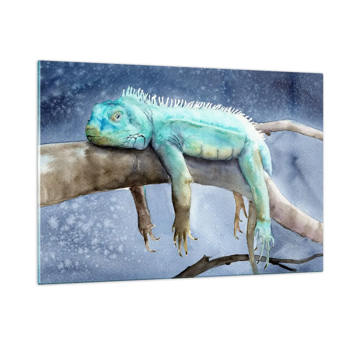 Obraz na szkle - Niebieska iguana leżąca na gałęzi w akwarelowym stylu - 120x80cm - Jest dobrze! - Nowoczesna dekoracja ścienna do salonu, kuchni i sypialni ARTTOR