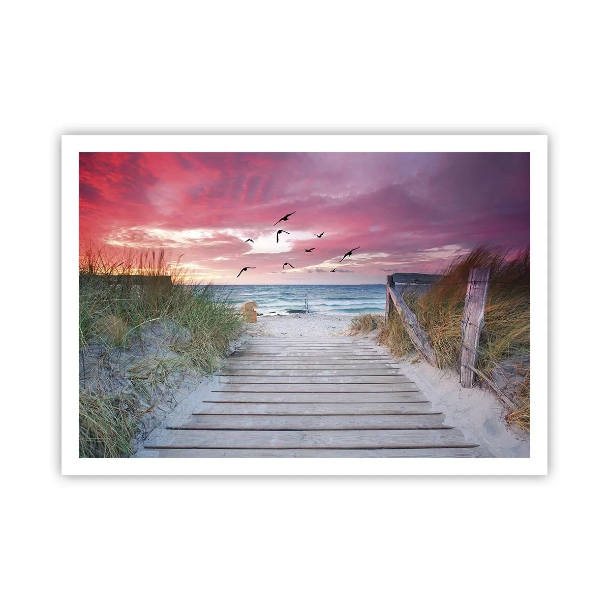 Plakat - Drewniana ścieżka na plaży o różowym zachodzie słońca - 100x70cm - Bałtycka impresja - Nowoczesna dekoracja ścienna do salonu i sypialni ARTTOR