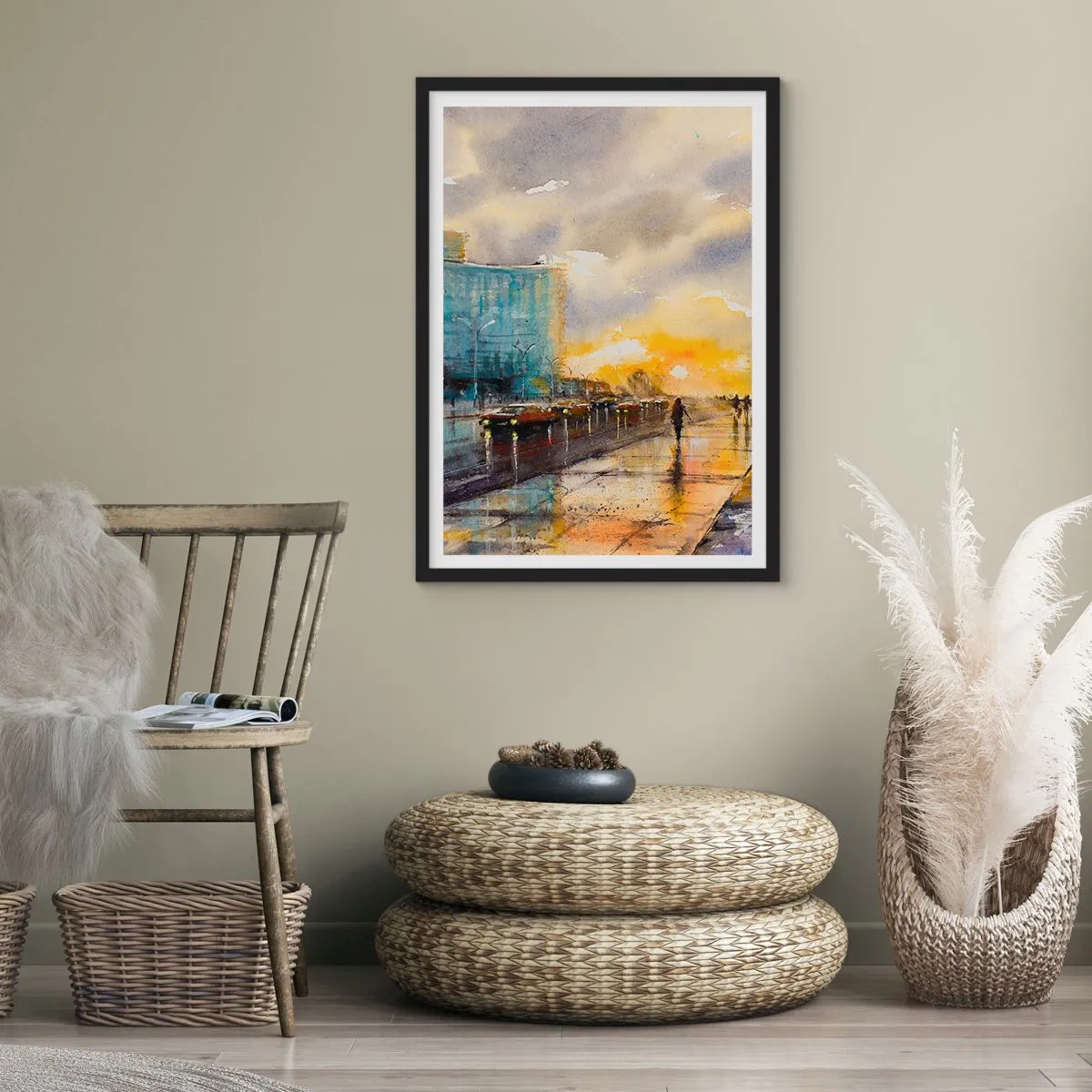 Plakat w czarnej ramie - Malownicza ulica w deszczu o zachodzie słońca - 50x70cm - Życie na brzegu - Nowoczesna dekoracja ścienna do salonu i sypialni ARTTOR