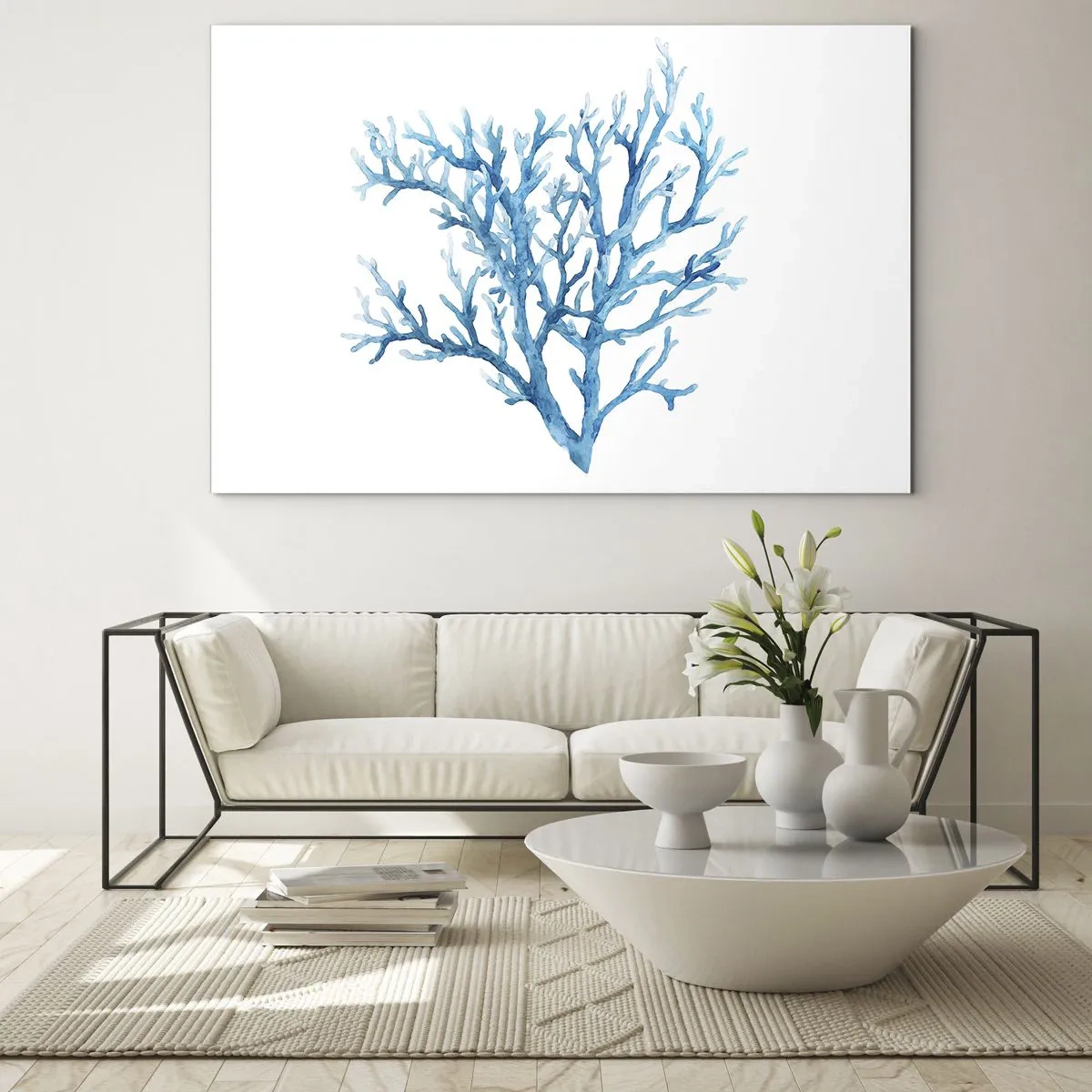 Obraz na szkle - Delikatna akwarela przedstawiająca niebieski koral - 70x50cm - Morski filigran - Nowoczesna dekoracja ścienna do salonu i sypialni ARTTOR