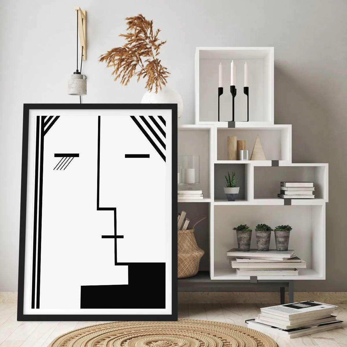 Plakat w czarnej ramie - Minimalistyczna, abstrakcyjna twarz w czarno-białej stylistyce - 50x70cm - Po prostu pocałunek - Nowoczesna dekoracja ścienna do salonu i sypialni ARTTOR