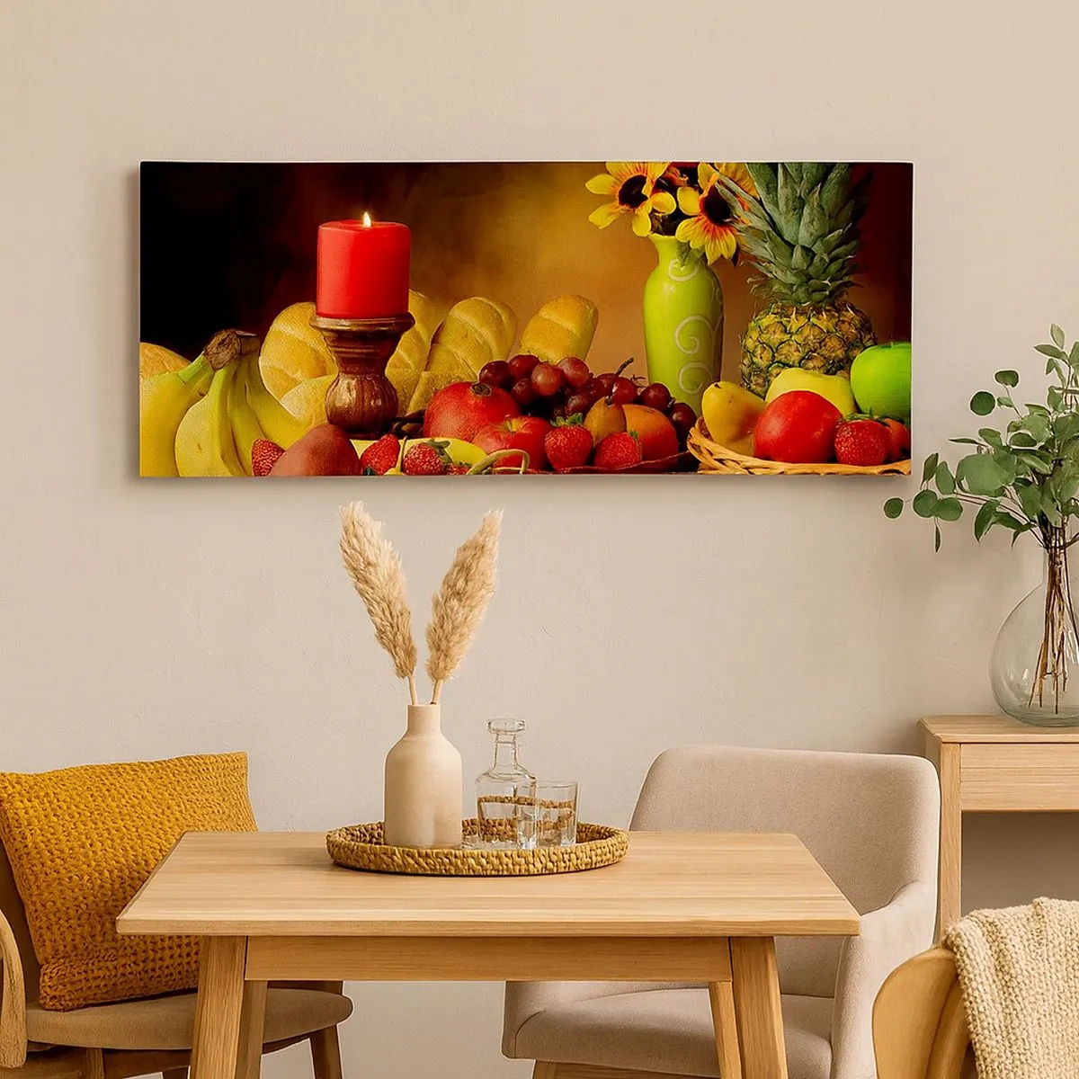Obraz na płótnie - Martwa natura z pieczywem i owocami - 100x40 cm