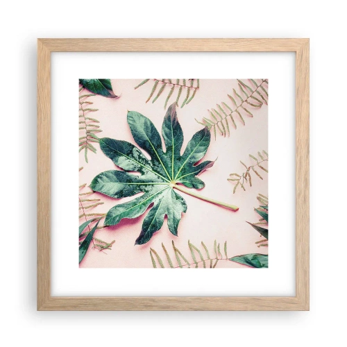 Plakat w ramie jasny dąb - Studium zieleni na różowym tle - 30x30 cm