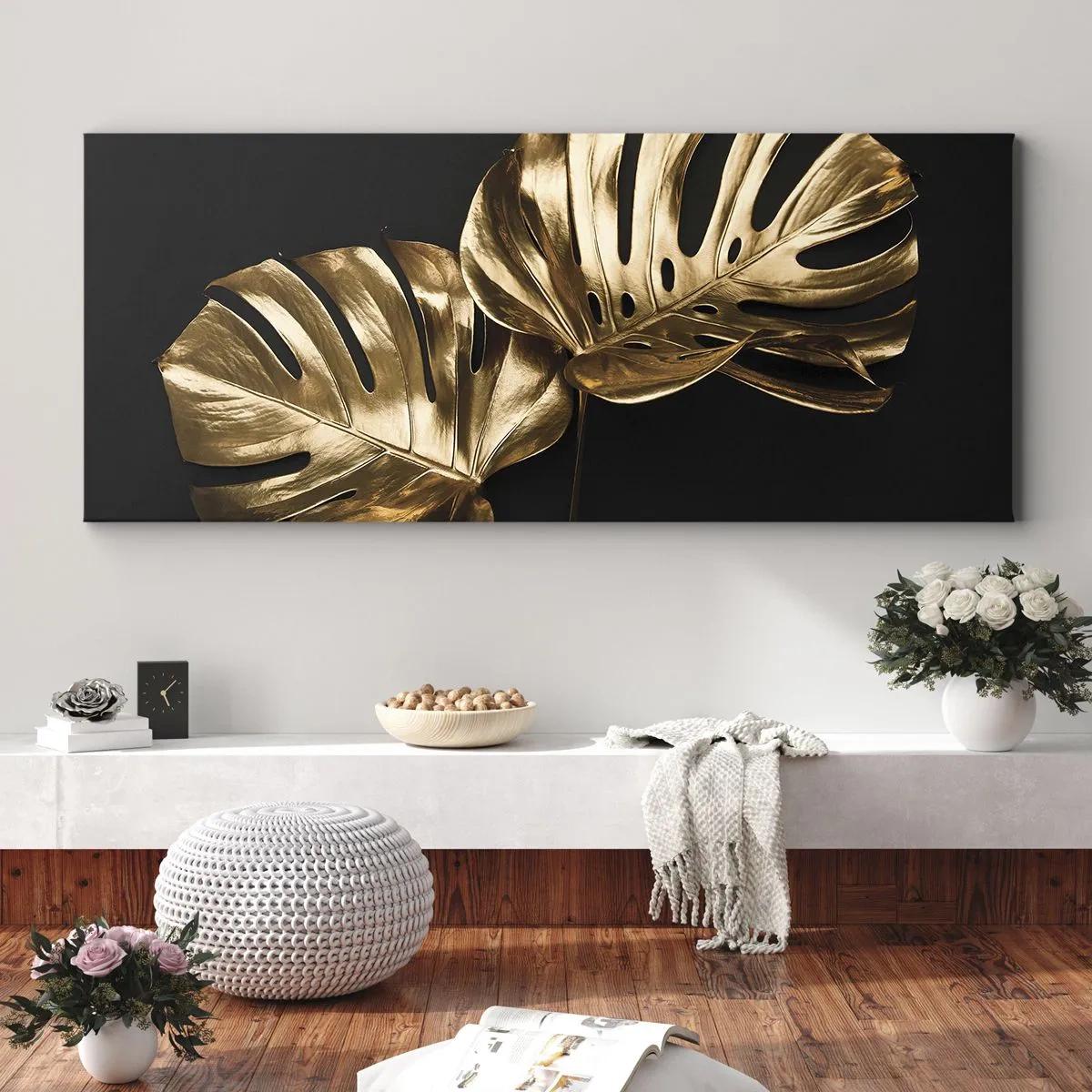 Obraz na płótnie - Złote liście monstery na czarnym tle - 160x50cm - Skarby natury - Nowoczesna dekoracja ścienna do salonu i sypialni ARTTOR