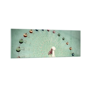 Obraz na szkle - Kolorowy diabelski młyn na tle błękitnego nieba w stylu retro - 140x50cm - Zapraszamy do zabawy - Nowoczesna dekoracja ścienna do salonu i sypialni ARTTOR