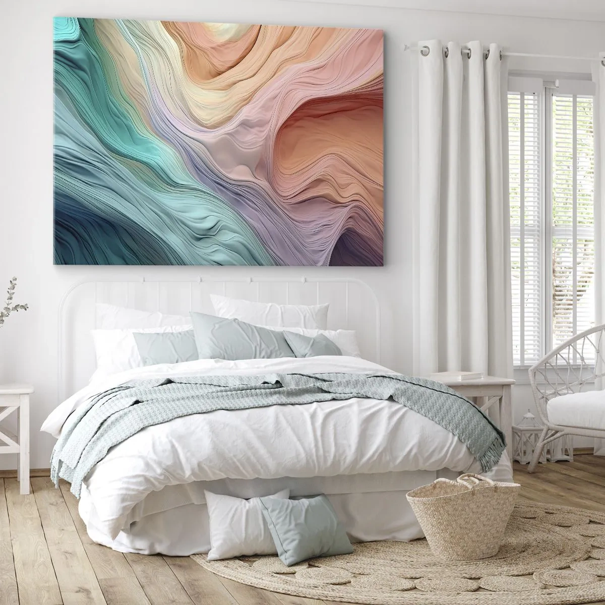 Obraz na płótnie - Abstrakcyjne fale w pastelowych i tęczowych kolorach - 70x50cm - Tęczowa fala - Nowoczesna dekoracja ścienna do salonu i sypialni ARTTOR