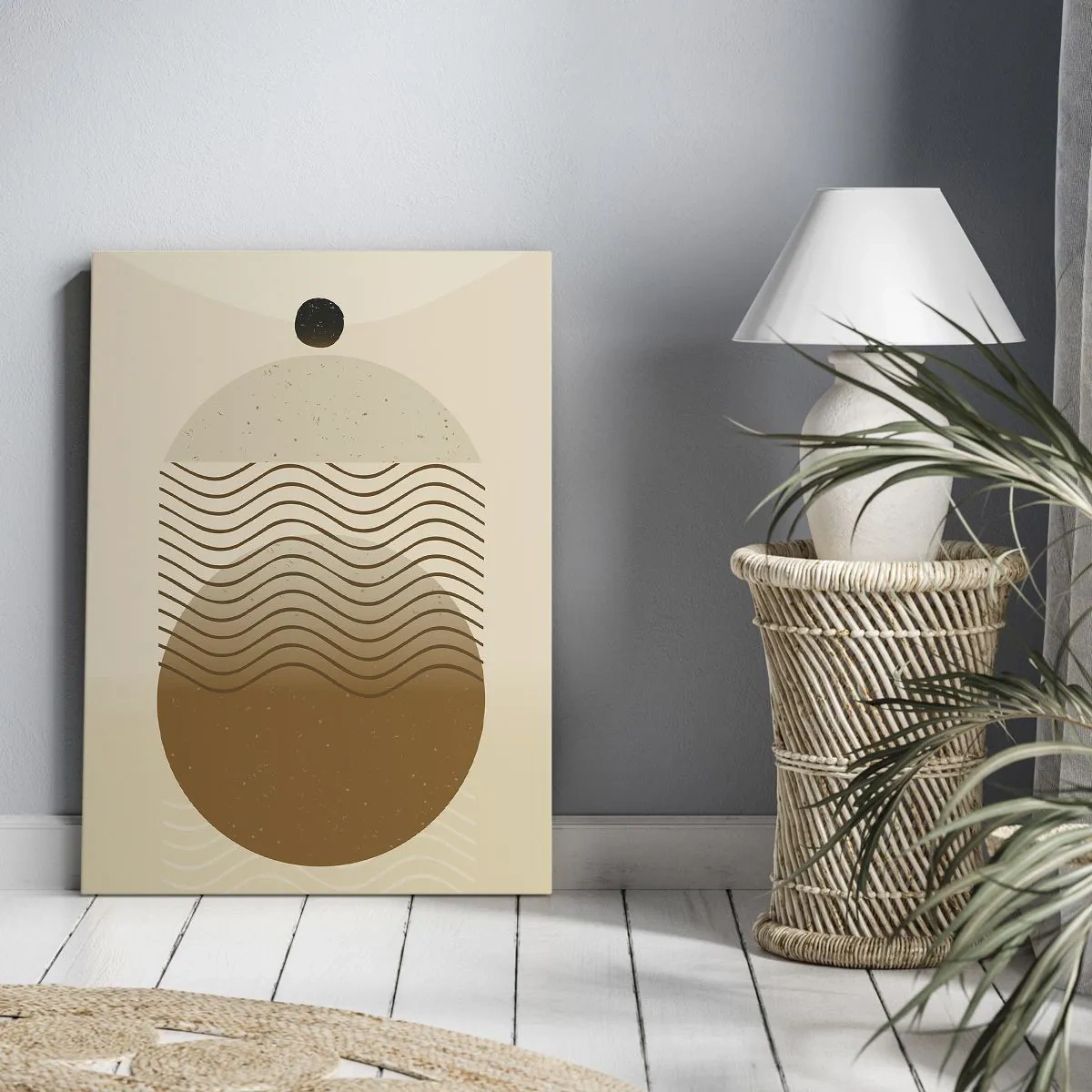 Obraz na płótnie - Geometryczna abstrakcja z kołami i falistymi liniami w ciepłych barwach - 70x100cm - O pochodzeniu figur geometrycznych - Nowoczesna dekoracja ścienna do salonu i sypialni ARTTOR