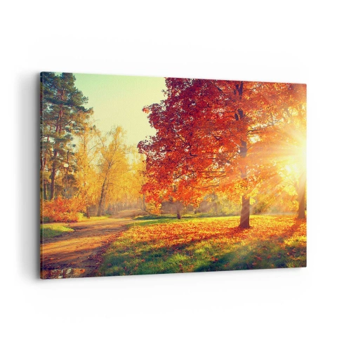 Obraz na płótnie - Jesienny park oświetlony promieniami słońca - 100x70cm - Rude jest piękne - Nowoczesna dekoracja ścienna do salonu, kuchni i sypialni ARTTOR