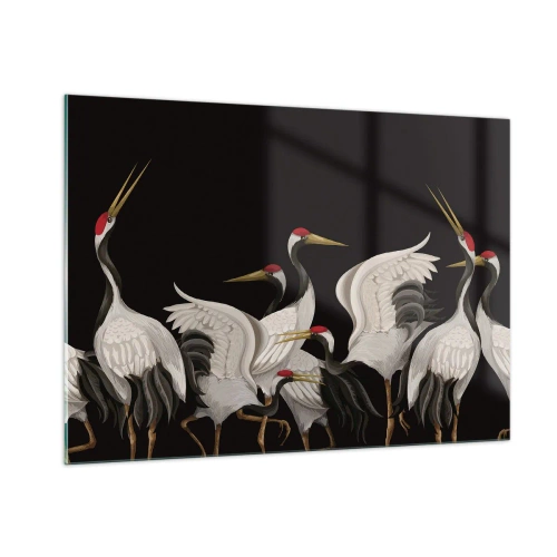 Obraz na szkle - Białe żurawie z czerwonymi głowami na czarnym tle - 100x70cm - Ptasie sprawy - Nowoczesna dekoracja ścienna do salonu, kuchni i sypialni ARTTOR