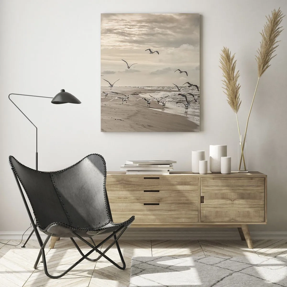 Obraz na szkle - Ptaki nad brzegiem morza o świcie w odcieniach sepii - 50x70cm - Morza szum, ptaków śpiew - Nowoczesna dekoracja ścienna do salonu, kuchni i sypialni ARTTOR