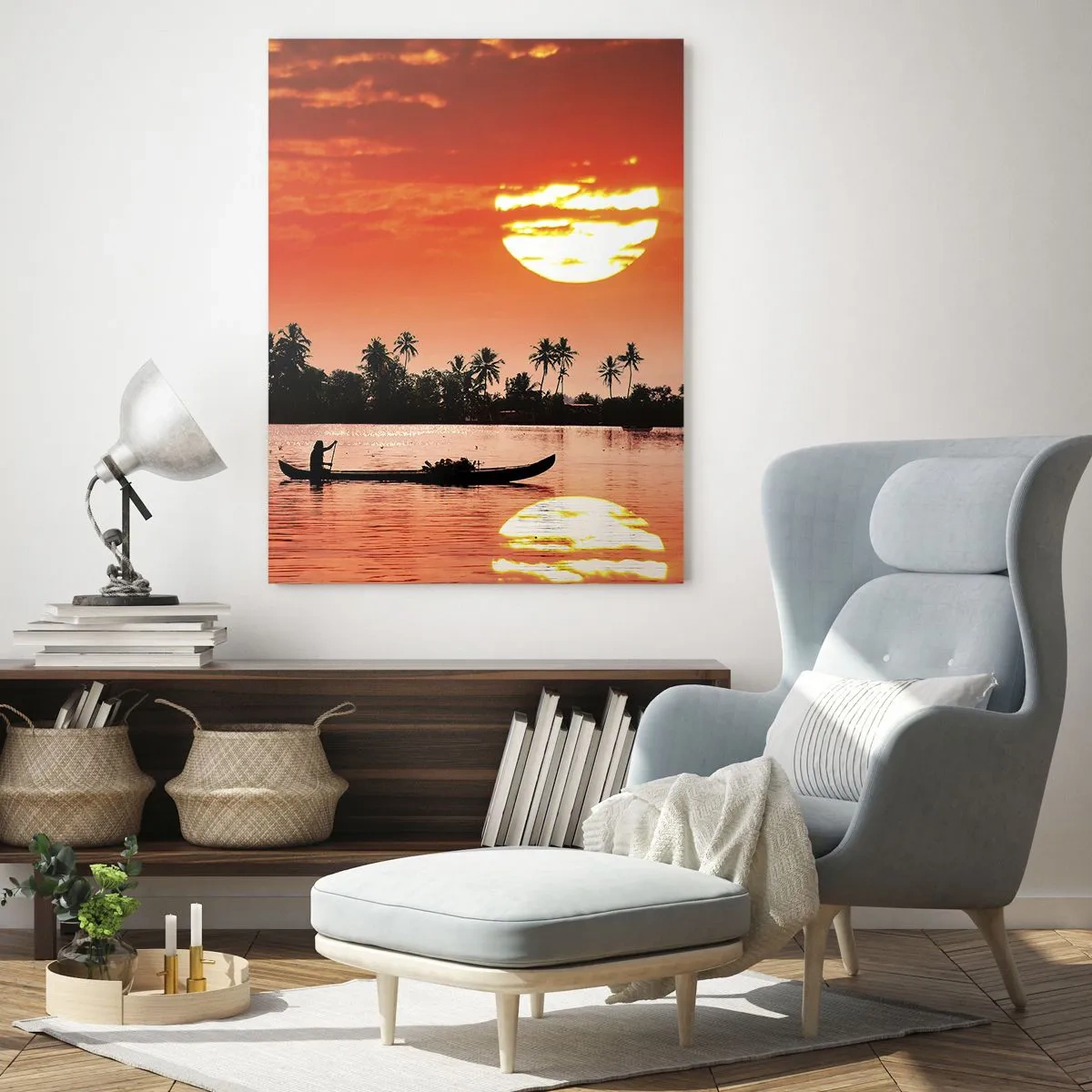Obraz na szkle - Tropikalny zachód słońca z łodzią na tle palm - 70x100cm - Spokój tropików o zachodzie - Nowoczesna dekoracja ścienna do salonu i sypialni ARTTOR