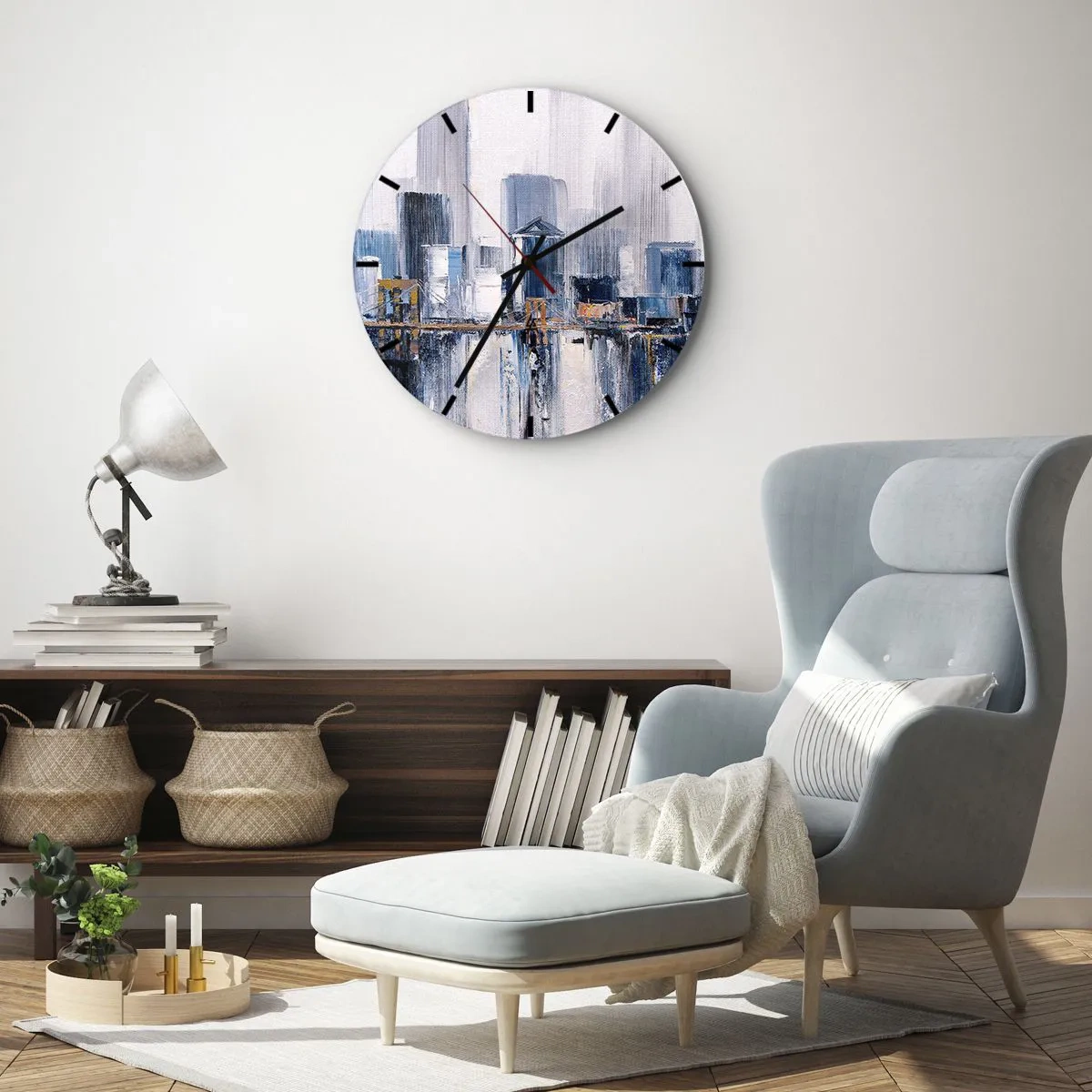 Zegar ścienny - Impresjonistyczna panorama miasta z wieżowcami i mostem - 30x30cm - Nowojorska impresja - Nowoczesna dekoracja ścienna do salonu, kuchni i sypialni ARTTOR