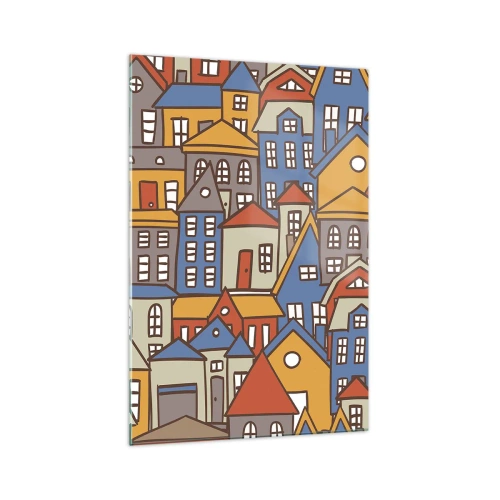 Obraz na szkle - Kolorowe domki w stylu graficznym na jasnym tle - 70x100cm - Za domem dom - Nowoczesna dekoracja ścienna do salonu i sypialni ARTTOR