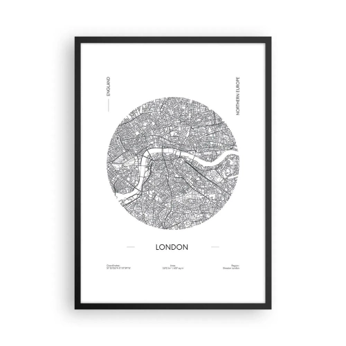 Plakat w czarnej ramie - Minimalistyczna mapa Londynu w czarno-białym stylu - 50x70cm - Anatomia Londynu - Nowoczesna dekoracja ścienna do salonu i sypialni ARTTOR