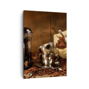 Obraz na płótnie - Kompozycja kawy z metalowymi filiżankami i ziarnami na drewnianym tle - 50x70cm - Czar kawy - aromat i smak - Nowoczesna dekoracja ścienna do salonu, kuchni i sypialni ARTTOR
