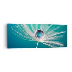 Obraz na płótnie - Makro kropla wody na delikatnym nasionku dmuchawca - 140x50cm - Mistyczna chwila - Nowoczesna dekoracja ścienna do salonu i sypialni ARTTOR