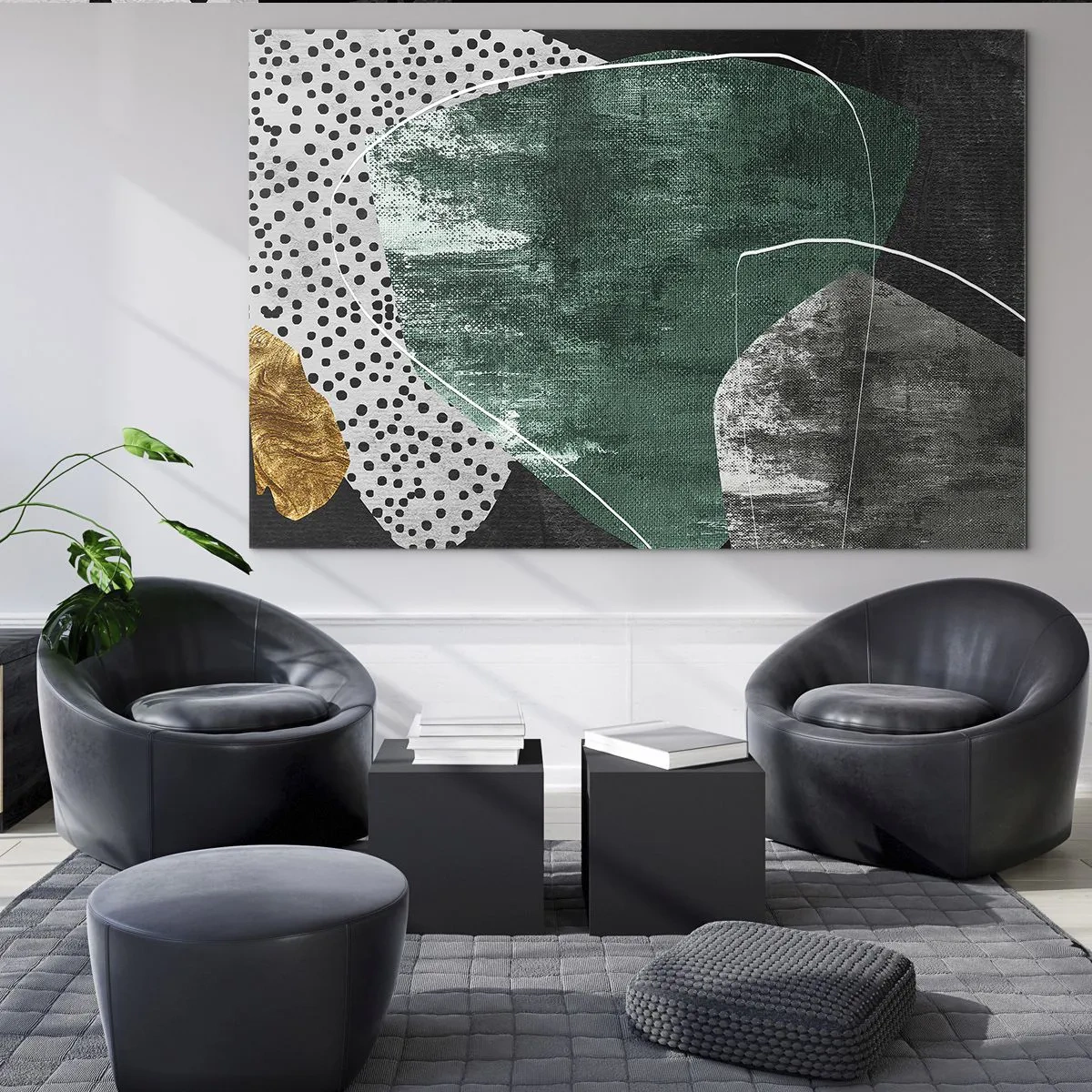 Obraz na szkle - Zielone formy z czarnym tłem i złotym akcentem - 70x50cm - Barwna abstrakcja z płatkiem złota - Nowoczesna dekoracja ścienna do salonu i sypialni ARTTOR