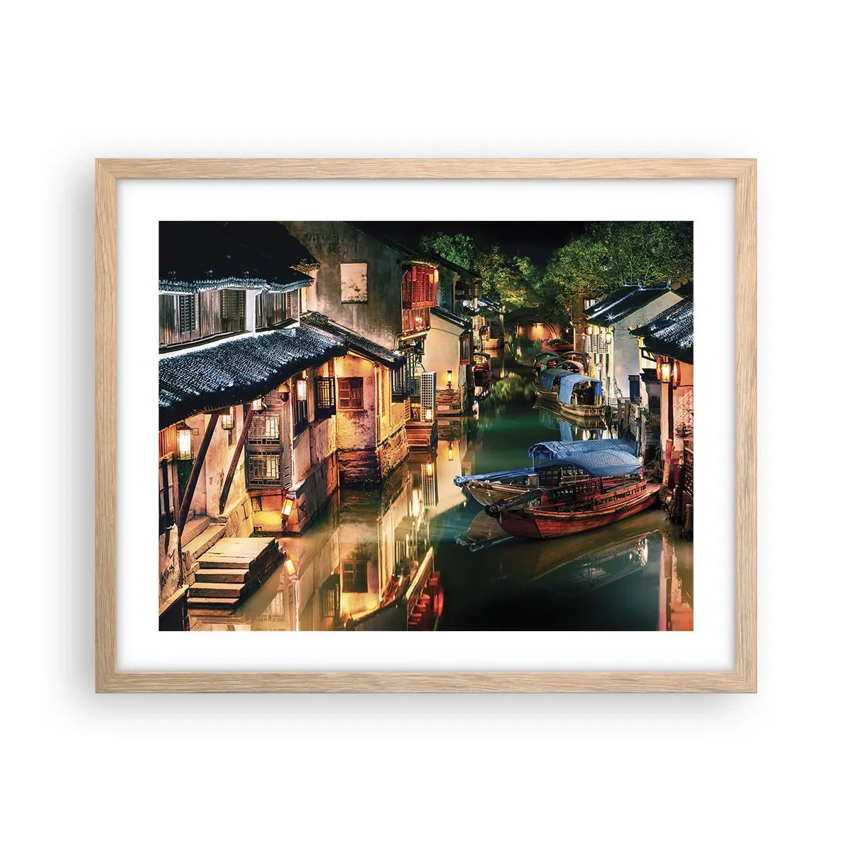 Plakat w ramie jasny dąb - Wieczór na chińskiej ulicy - 50x40 cm