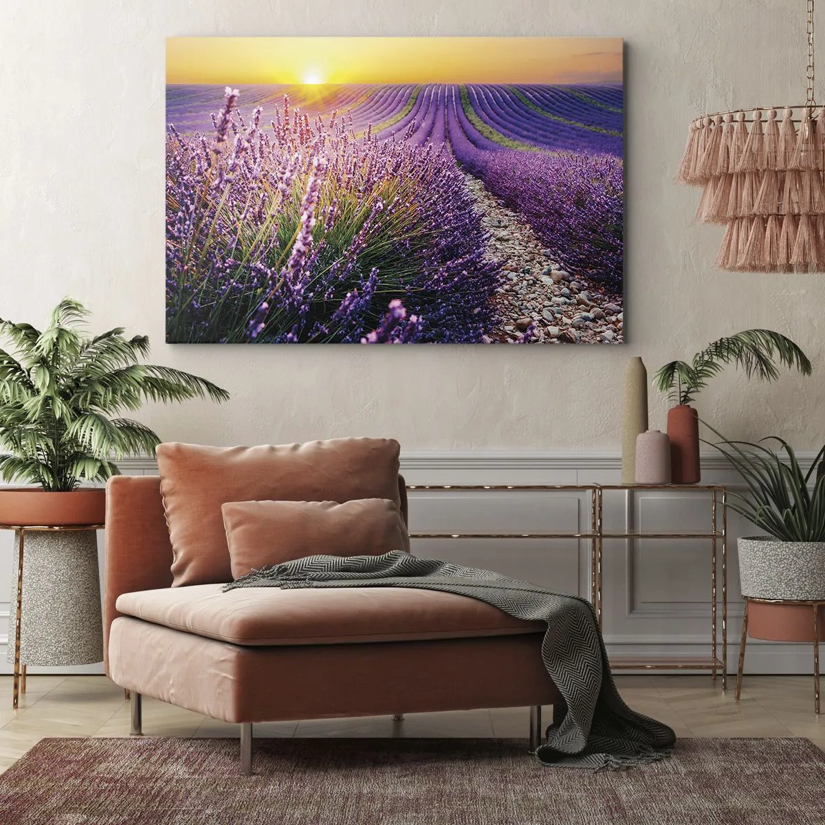 Obraz na płótnie - Pole lawendy o zachodzie słońca - 70x50cm - Pachnący łan - Nowoczesna dekoracja ścienna do salonu i sypialni ARTTOR