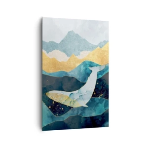 Obraz na płótnie - Abstrakcyjny wieloryb wśród fal i gór w odcieniach błękitu i złota - 80x120cm - Chłodne piękno północy - Nowoczesna dekoracja ścienna do salonu i sypialni ARTTOR