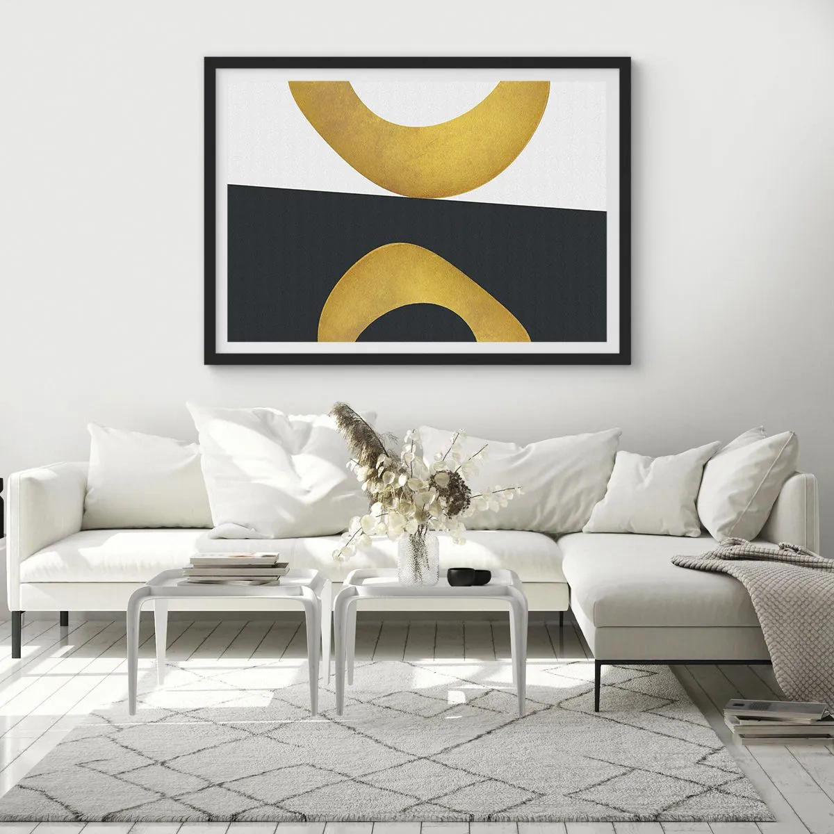 Plakat w czarnej ramie - Geometryczne kształty w złocie na białym i ciemnym tle - 70x50cm - Po pierwsze: złoto - Nowoczesna dekoracja ścienna do salonu i sypialni ARTTOR