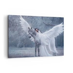 Obraz na płótnie - Kobieta na białym koniu ze skrzydłami w magicznym lesie - 100x70cm - Natchniona chwila - Nowoczesna dekoracja ścienna do salonu, kuchni i sypialni ARTTOR