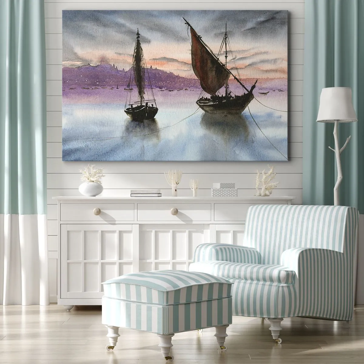 Obraz na płótnie - Dwa żaglowce zacumowane na spokojnej wodzie o zmierzchu - 70x50cm - Wieczór w porcie - Nowoczesna dekoracja ścienna do salonu i sypialni ARTTOR